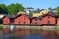 Several old barns on the waterfront of the river Porvoyoki. Porvoo, Finland