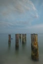 Several old and mossy pier pilings extend into the cool, smooth water under a sky with soft clouds, creating a tranquil seascape Royalty Free Stock Photo