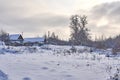 Several Russian houses in the village near the forest in winter Royalty Free Stock Photo