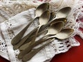 Old spoons on canvas Royalty Free Stock Photo