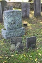 Numerous old weathered headstones with faded etchings, Walloon Cemetery, historic Huguenot Street, New York, 2018