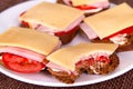 Several open sendwiches with tomatoes, ham and cheese Royalty Free Stock Photo