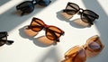 Several pairs of stylish sunglasses rest on a clean white surface. Sunlight creates sharp shadows across the eyewear collection. Royalty Free Stock Photo