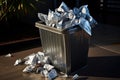 several paper planes discarded in a full, silver trash bin