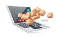 Several parcel boxes and pin and confirm icon fly out of laptop computer after cursor push red buy button on laptop computer Royalty Free Stock Photo
