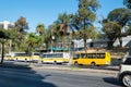 Several parked children's school transport buses waiting for students. Royalty Free Stock Photo