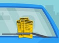 A several parking violation tickets fine on the windshield of car. Close-up view. Royalty Free Stock Photo