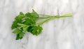 Parsley sprigs on a marble cutting board