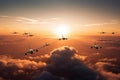 Several passenger airplanes flying above clouds at sunset is a beautiful and awe-inspiring sight that represents the