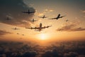 Several passenger airplanes flying above clouds at sunset is a beautiful and awe-inspiring sight that represents the