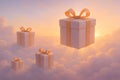 Several pastel colored gift boxes with orange ribbon bows float serenely in soft pink and orange clouds during a sunset Royalty Free Stock Photo