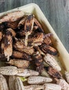 Several pieces of corn before and after being roasted are combined in one plastic container Royalty Free Stock Photo
