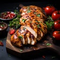 Several pieces of grilled chicken on a wooden plate decorated with tomatoes
