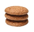 Several pieces of oatmeal cookies are hilted on top of each other. White isolated background. Close quarters.
