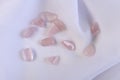 Several pieces of polished pink quartz on textured fabric background. Minimal color still life photography Royalty Free Stock Photo