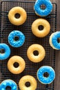 Several plain and blue decorated donuts on a cooling rack.