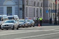 Several police cars are parked along the road. Strengthening before the victory day holiday