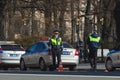 Several police cars are parked along the road. Strengthening before the victory day holiday