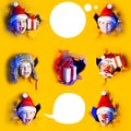 Several portraits little cheerful Santa in hat smiles, getting out of the ragged yellow background lit by neon light. Large size Royalty Free Stock Photo