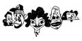 Several portraits of men and women with different characters. Black and white graphic illustration, well suited for interior desig