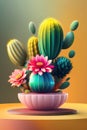 Several potted cacti bloom with beautiful flowers