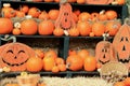 Several pumpkins tucked on straw-covered shelves