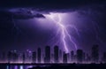 several in purple lightning strikes during a strong thunderstorm over the city Royalty Free Stock Photo