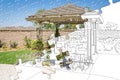Puzzle Pieces Fitting Together Revealing Finished Pergola Gazebo Build Over Drawing