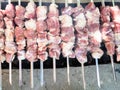 raw skewered shish kebabs on brazier with hot coal