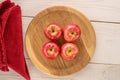 Several red apple on a wooden table, macro, top view. Royalty Free Stock Photo