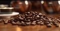 Several roasted coffee beans all over a wood table. Cuisine photography. Food pictures. Menu photos.