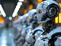 several robot heads lined up in a line with bright lights Royalty Free Stock Photo