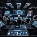 Several robots sit at workstations in a futuristic control center with multiple screens.