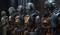 Several robots stand in a row. AI generative