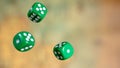 Several rolling green dice fall on a table with boardgame. Gameplay moments