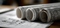 Several rolls of blueprints are resting on a wooden table surface Royalty Free Stock Photo