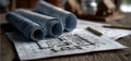 Several rolls of blueprints are resting on a wooden table surface Royalty Free Stock Photo