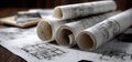 Several rolls of blueprints are resting on a wooden table surface Royalty Free Stock Photo
