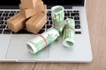 Several rolls of euro bills and a model of a courier box are placed on the opened laptop keyboard Royalty Free Stock Photo