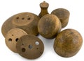 Several round hat shapes made of wood by a hatter.