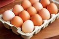 Several rows of chicken eggs in a box