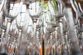 Several rows clear transparent, clean glasses for wine and champagne on counter prepared for drinks.