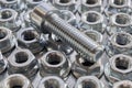 Several rows of hex nuts round base and on top is a threaded bolt.