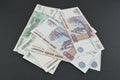 Several russian banknotes on back skin background