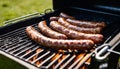 Several sausages cooking on a grill