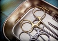 Several scissors for surgery in operating room of a hospital