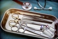 Several scissors for surgery in operating room of a hospital