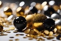 several shiny and black balls surrounded by gold confetti