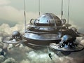 Spaceship station floating over clouds