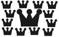 Several similar same alike king crowns silhouette white backdrop